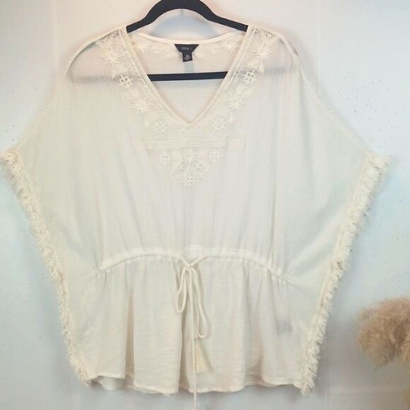 Intro boho cotton embroidered fringe drawstring waist/ tassels  ivory top (M) - Picture 1 of 11